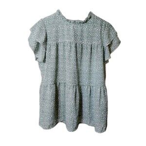 Pretty Garden Womens M Smocked Top Ruffle Collar/Sleeve Green White St. Pats